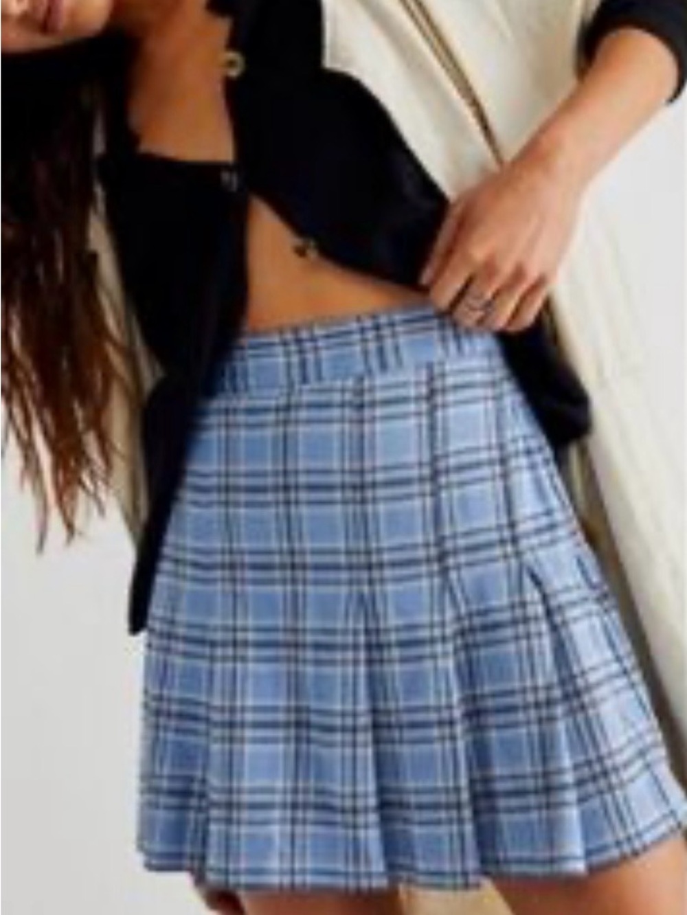 Free People Light Blue Plaid Pleated Mini Skirt